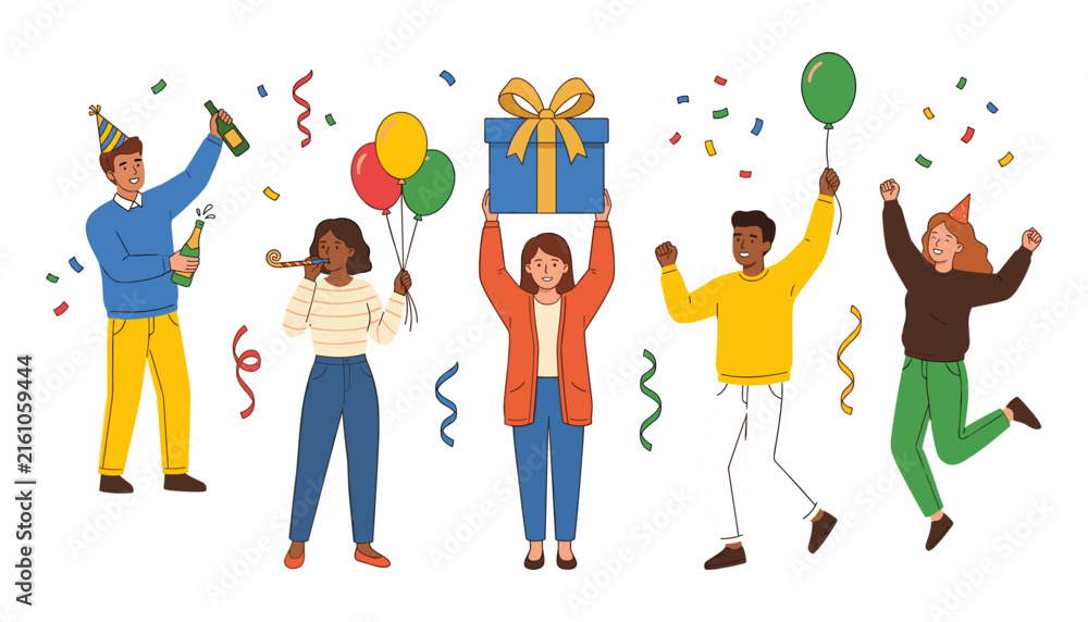 Fototapeta premium Happy Diverse People Celebrating Birthday Party Vector Set with Balloons Gift Box Champagne Confetti and Festive Hats for Greeting Cards and Event Designs