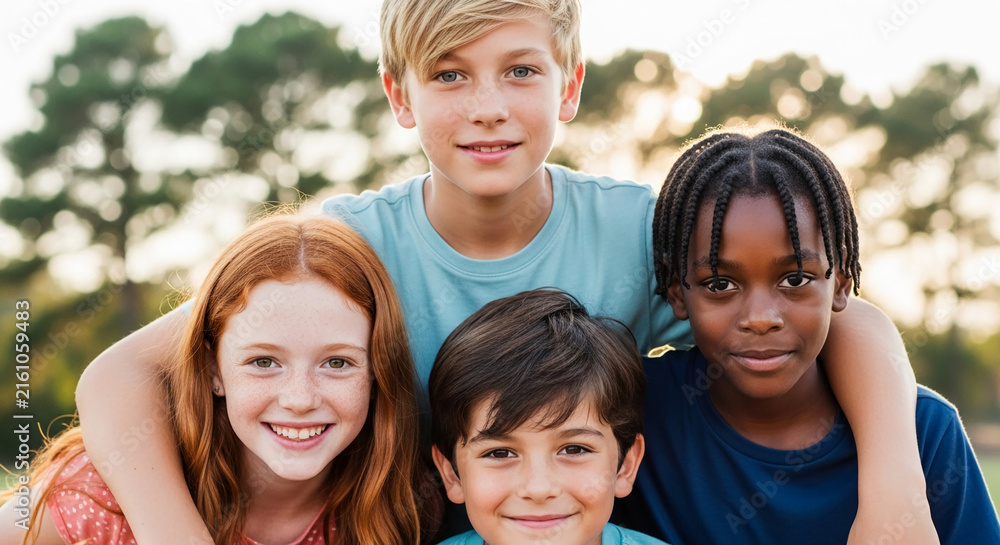 Obraz premium Diverse group of four children smiling, representing friendship, childhood joy, and unity in an outdoor setting, perfect for lifestyle concepts