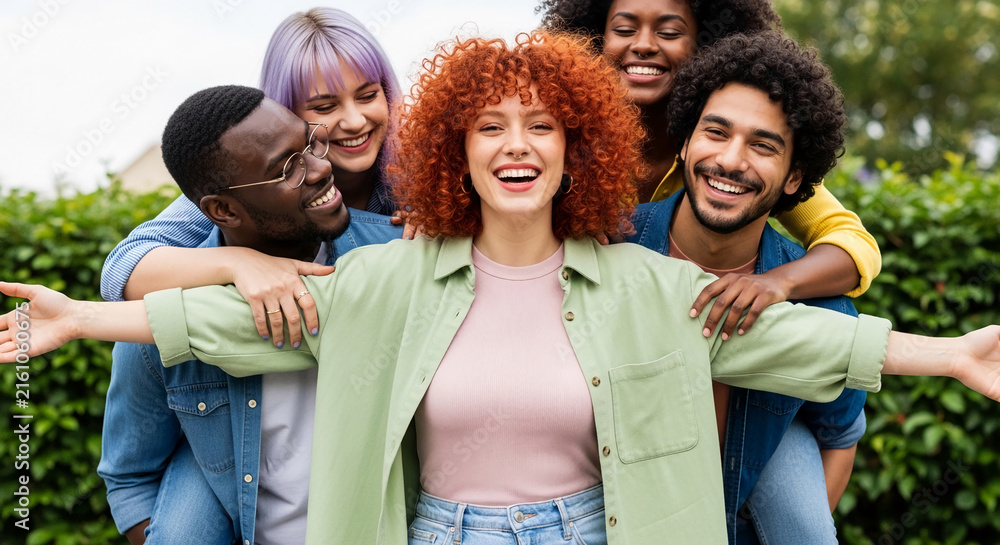 Fototapeta premium Diverse group of young adults with arms around each other, smiling joyfully outdoors, representing friendship, unity, and positive connection