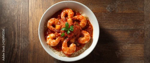 Obraz  z motywem Shrimp in Spicy Tomato Sauce with Rice and Garnish on a Wooden Table