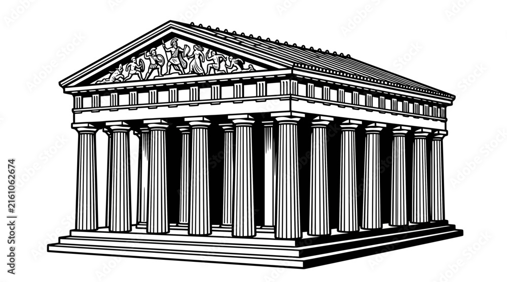 Fototapeta premium Classical Greek temple with columns line art.