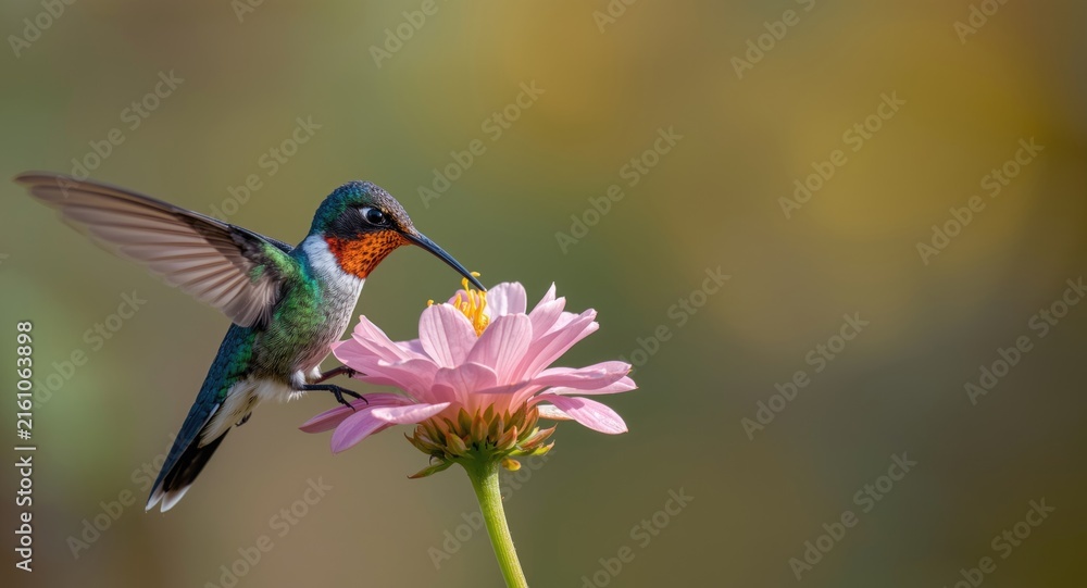 Naklejka premium Hummingbird Feeding on a Pink Flower with Soft Colorful Background