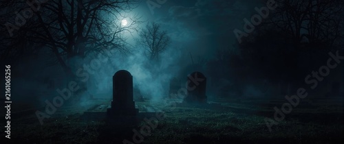 Eerie Graveyard at Night with Fog and Moonlight