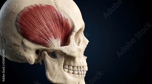 Anatomical illustration of the human skull and temporalis muscle, lateral view against a dark background.