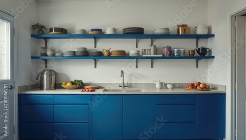 Modern Blue Kitchen Interior with Open Shelves - Bright, Minimalist Design, Natural Light