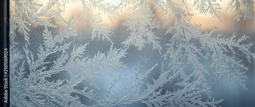 Frosted Windowpane with Intricate Ice Crystals and Soft Light