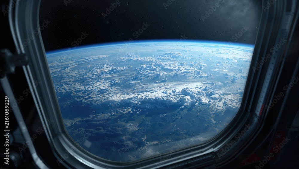 Fototapeta premium Earth View from Space through a Spacecraft Window with Cloud Patterns