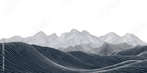 Monochrome Landscape Illustration of Mountains with Wavy Lines and White Background