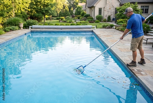 A man is using a net to clean the surface of a swimming pool. The pool is in a backyard with a garden around it. It is a sunny day and the house is visible