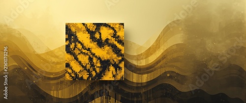 Abstract Yellow and Black Textured Square on Flowing Waves Background