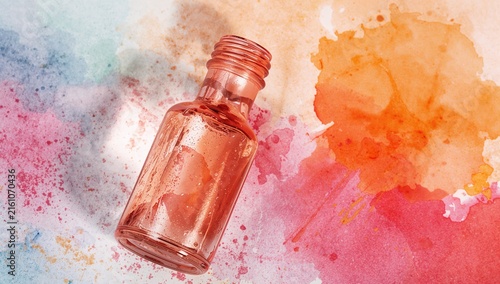 Rose Glass Bottle on Colorful Watercolor Background - Top View, Vibrant, Artistic