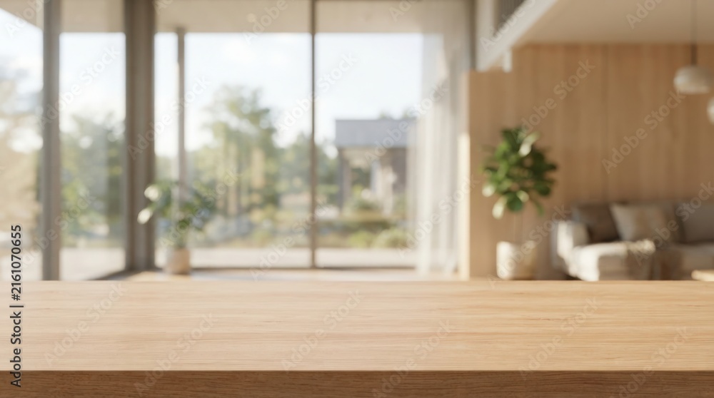 Fototapeta premium Stylish empty wooden tabletop surface perfect for product presentation, mockup backdrop, branding, and marketing over a blurred modern interior setting with natural light