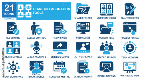 Team collaboration tools solid icon set. Includes symbols for Digital Meeting, Group, and Shared digital folders. Vectors for workspace apps.