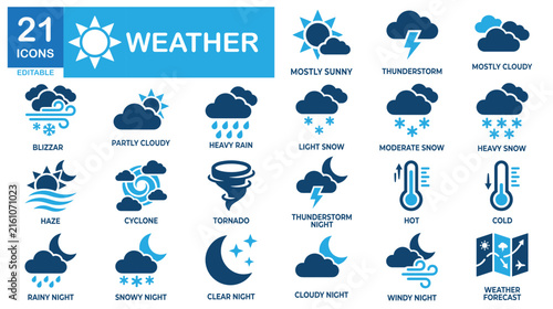 Weather solid icon set. Includes symbols for Sun, Cloud, and Rain. Vectors for weather apps.