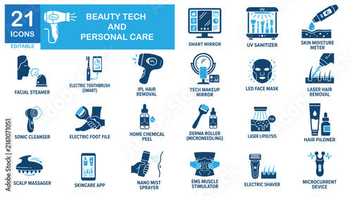 Beauty tech solid icon set. Includes symbols for Device, Serum, and Skin. Vectors for care apps.