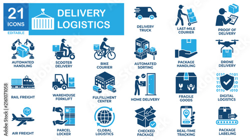 Logistics solid icon set. Includes symbols for delivery, boxes, and automation. Vectors for delivery apps.