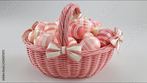A pink woven basket filled with decorated Easter eggs and ribbons rotates against a white background.