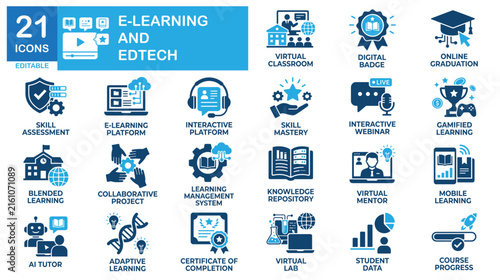 EdTech solid icon set. Includes symbols for Virtual classrooms, digital badges, online graduation. Vectors for learning apps.
