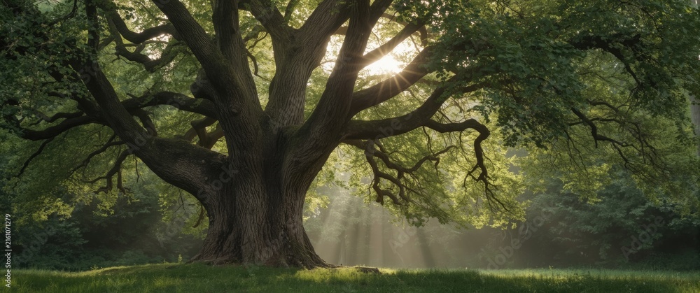 Fototapeta premium Majestic Tree with Sun Rays Illuminating Green Forest at Dawn