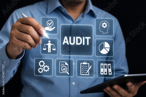 Businessperson interacting with digital audit interface on laptop and tablet