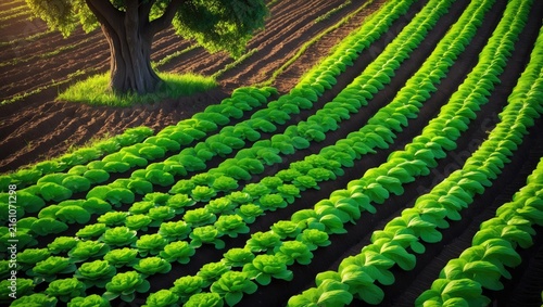 Lush Green Crop Rows with a Tree in a Rural Landscape