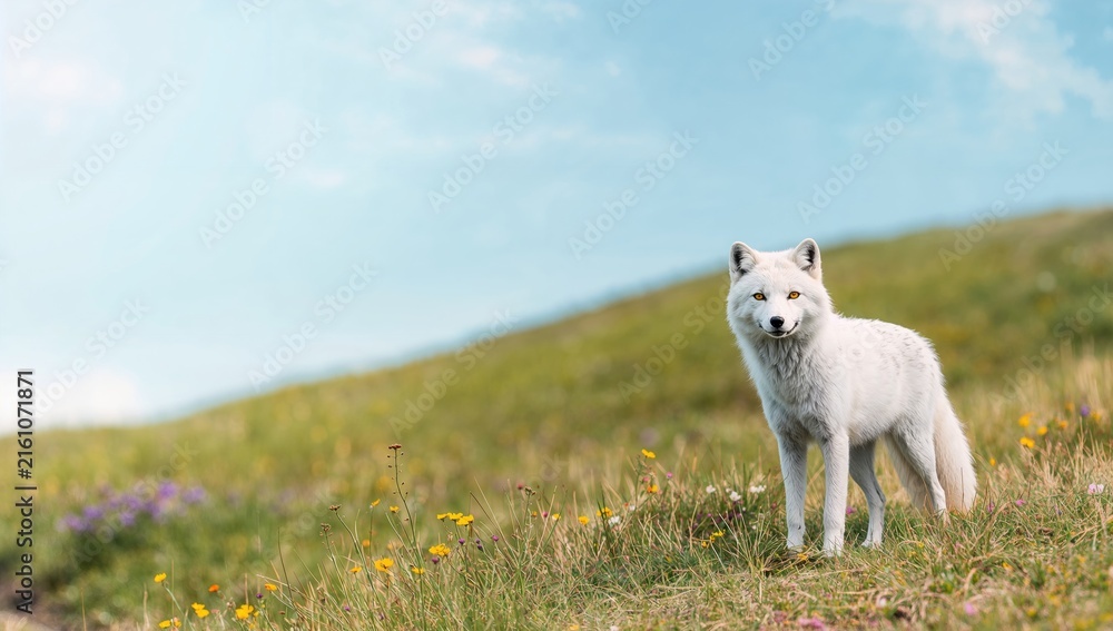 Obraz premium Arctic Fox Standing on a Meadow with Wildflowers Under a Clear Sky