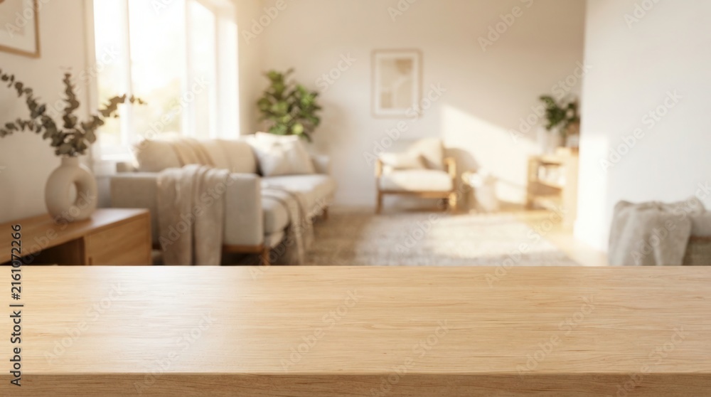 Fototapeta premium Stylish empty wooden tabletop surface in foreground over a softly blurred modern interior backdrop perfect for product presentation, mockup backdrops, branding, and marketing materials