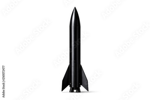 Black Rocket Model Standing on White Background