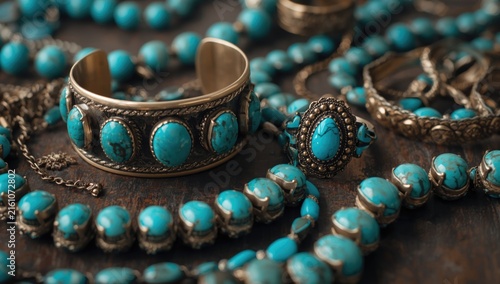 Vintage Turquoise Jewelry Arranged on Wooden Surface with Warm Lighting