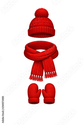 Red knitted hat and scarf set against neutral background.