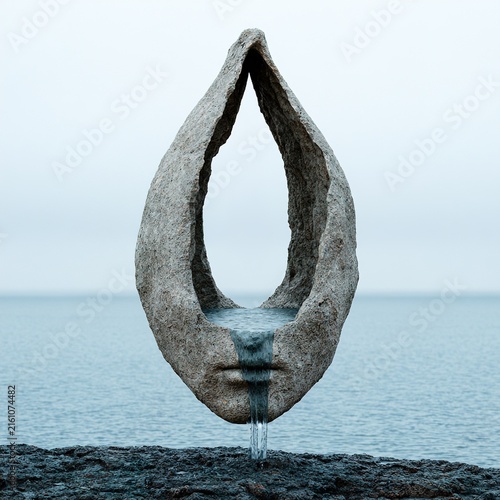 Stone teardrop sculpture with water flowing from face