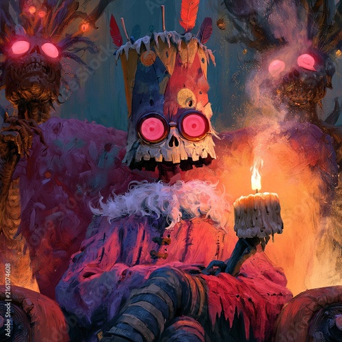 Undead king holding candle on throne with glowing eyes