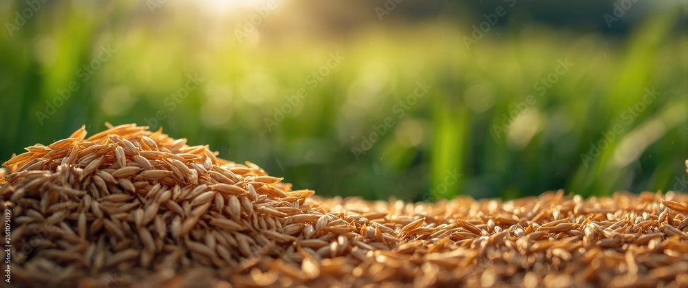 Fototapeta premium Grains Piled on Ground with Soft Sunlight and Green Field Background