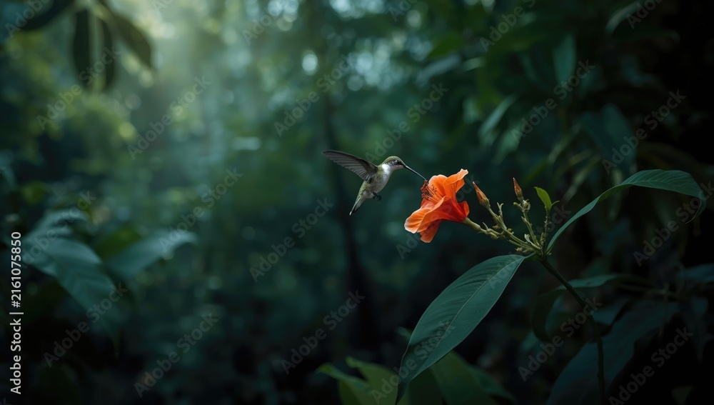 Naklejka premium Hummingbird Hovering Near an Orange Flower in a Lush Green Forest