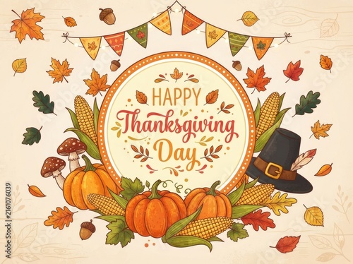 Festive happy thanksgiving day greeting card design featuring colorful autumn pumpkins leaves and a pilgrim hat illustration