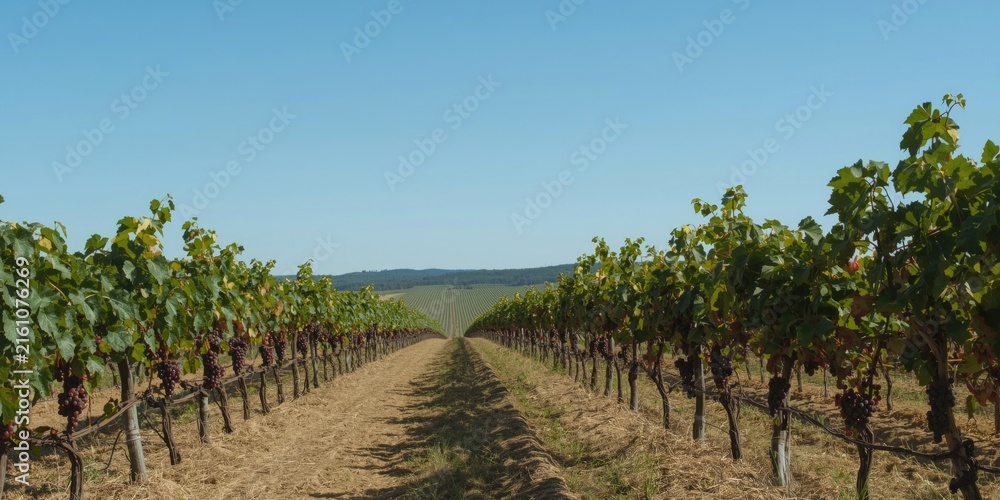 Naklejka premium Vineyard Rows with Grapes Under Clear Blue Sky in Summer