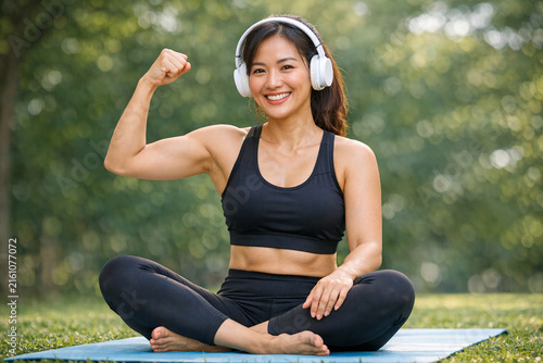 A female athlete wearing headphones and showcasing her strength while sitting on a yoga mat.