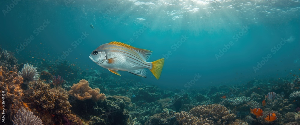 Fototapeta premium Silver Fish Swimming Above Colorful Coral Reef Underwater