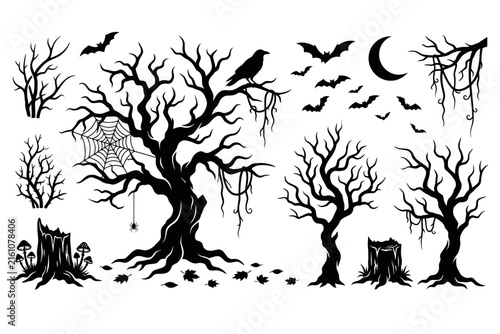 Silhouette halloween day set including vector spooky trees and bats
