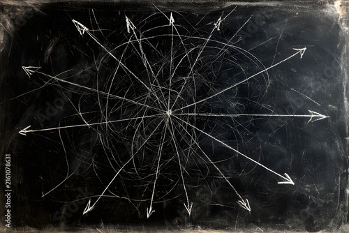 Blackboard with chalk arrows radiating from a central point, symbolizing multiple directions, options, or complex thought. Background scribbles suggest brainstorming or challenges.