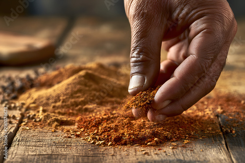 Hand pinching vibrant red spice from a heap on a rustic wooden table, surrounded by other aromatic powders for cooking.