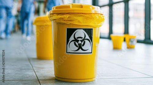 Yellow biohazard waste bin with black symbol in hospital corridor
