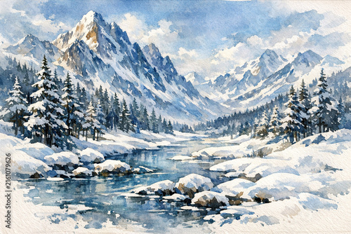 A picturesque winter landscape featuring snowy mountains, a forested valley, and a river flowing through it.