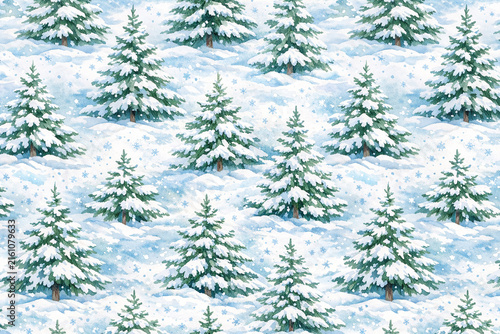 Snowy evergreen trees on a blue sky background for winter season decorations.