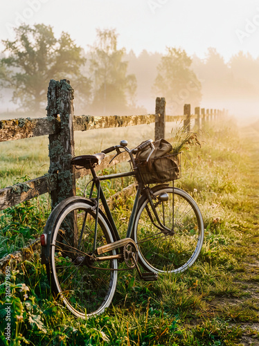 Vintage bicycle leaning against a wooden fence in a grassy field during a misty sunrise with warm golden light.
