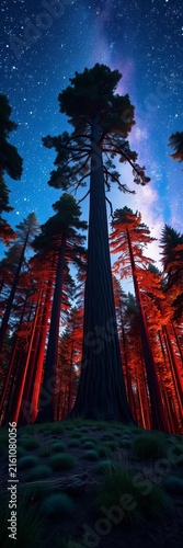 Tall Forest Trees Under Starry Night Sky