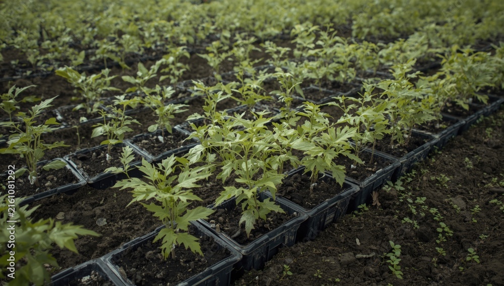 Obraz premium Young Green Seedlings Growing in Black Trays on Soil in a Greenhouse
