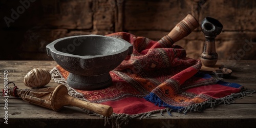 Rustic Clay Bowl and Wooden Tools on a Colorful Textile Background