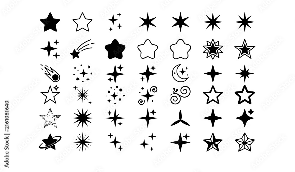 Fototapeta premium Black Stars and Sparkle Icon Collection with Different Star Shapes