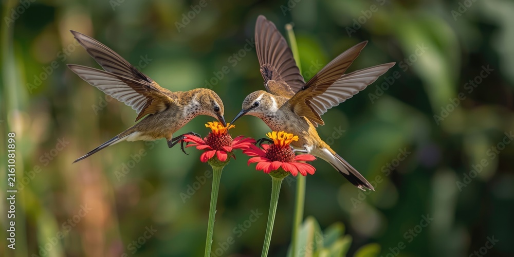 Naklejka premium Hummingbirds Feeding on Red Flowers in a Garden During Daylight